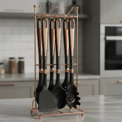 Utensilios Set  Silicona 7 Piezas Negro Marmol Y Rose Gold Negro