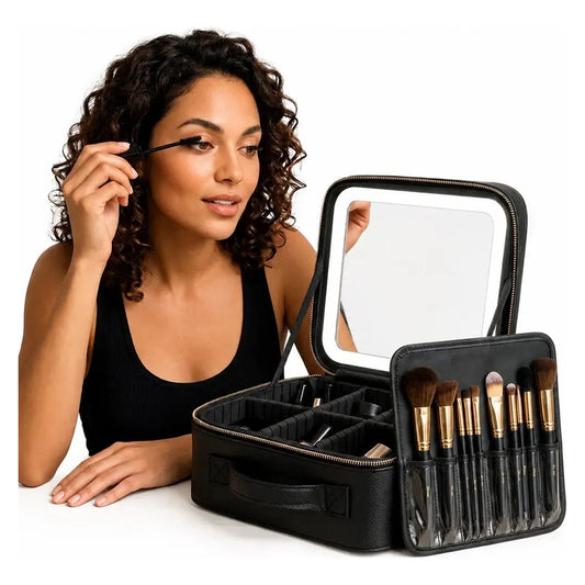Cosmetiquero Maletin Maquillaje Portatil Espejo Led Figonew Negro