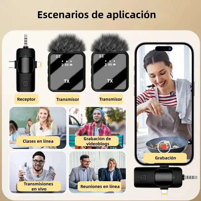 Microfono Kit 3 En 1 Inalambrico Para Grabacion Tik Tok Pro Negro