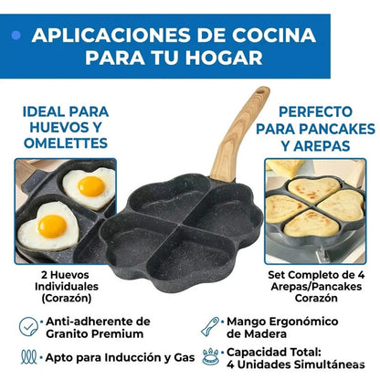Sartén Antiadherente De Granito Con 4 Cavidades De Corazón, Para Inducción Y Gas Negro