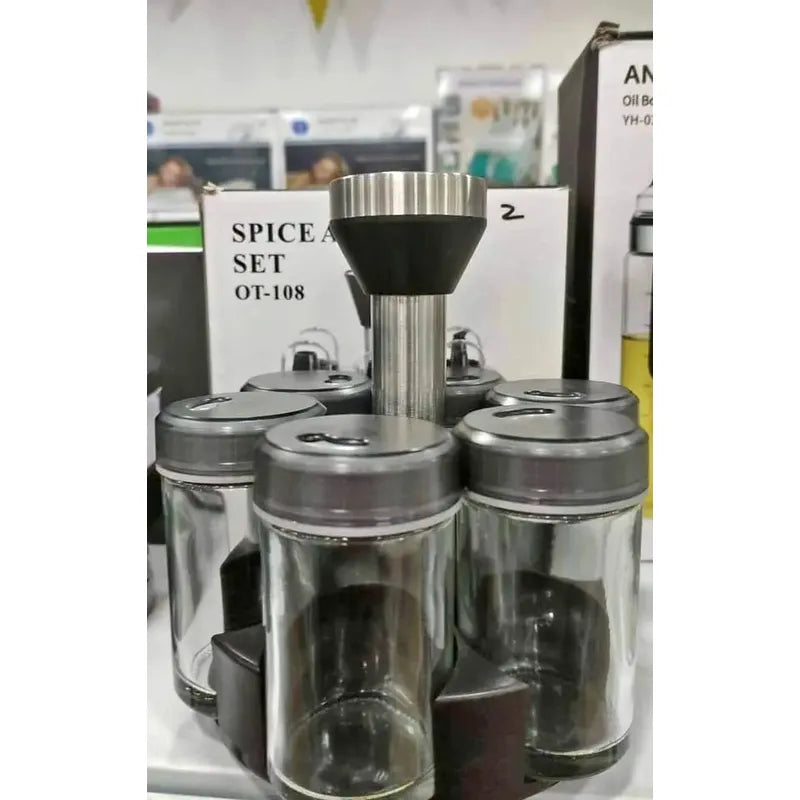 Set Condimentero Vidrio Giratorio Cocina Especiero Premium Plateado