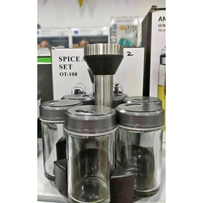Set Condimentero Vidrio Giratorio Cocina Especiero Premium Plateado