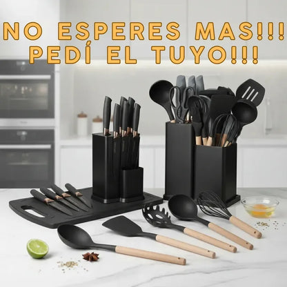 Utensilios De Cocina Mango Madera Punta Silicona Set X 19