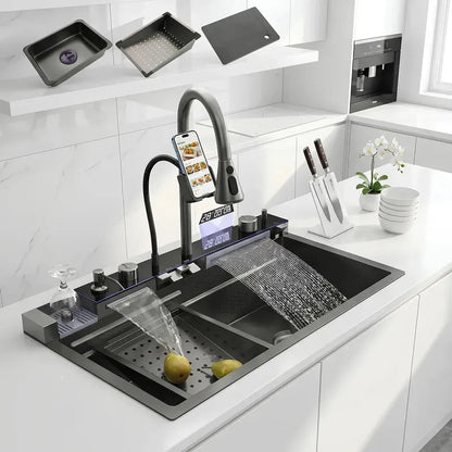 Lavaplatos Gris Grafito Cascada Con Grifo Led Y Accesorios Gris Oscuro