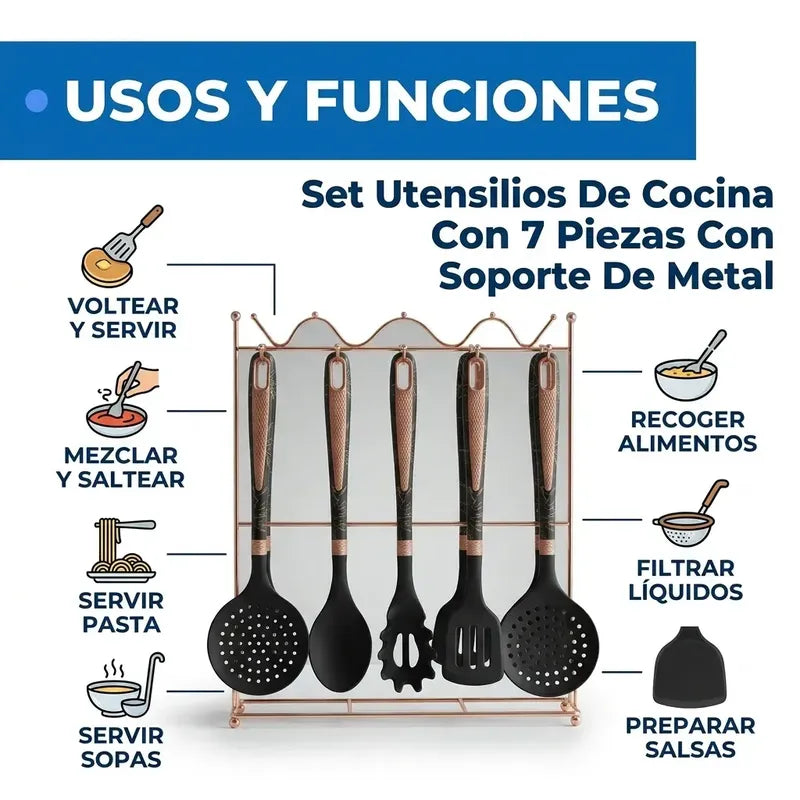 Utensilios Set  Silicona 7 Piezas Negro Marmol Y Rose Gold Negro