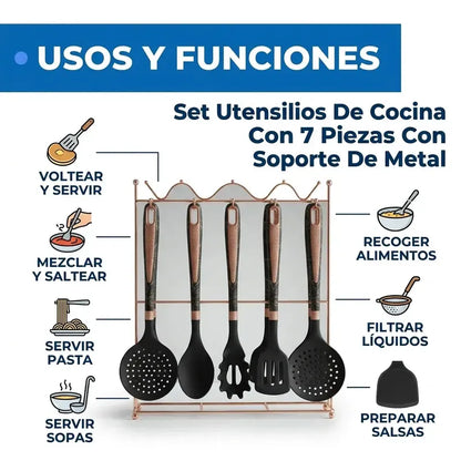 Utensilios Set  Silicona 7 Piezas Negro Marmol Y Rose Gold Negro