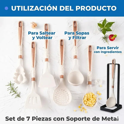 Set De Utensilios De Cocina Figoimport De Silicona Negro Marmoleado Con Soporte, 7 Piezas