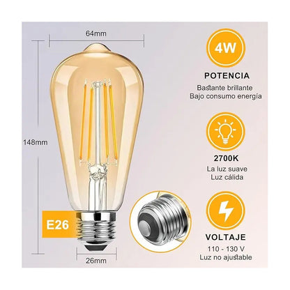 Ampolleta Pack X5 Retro Led Vintage Luz Calida 4w Amarillo