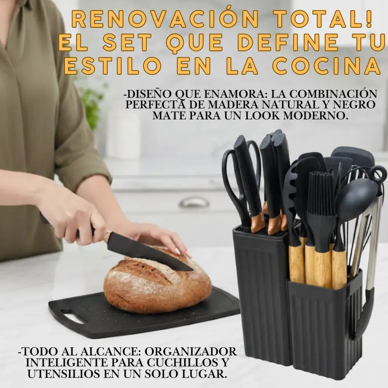 Utensilios De Cocina Mango Madera Punta Silicona Set X 19