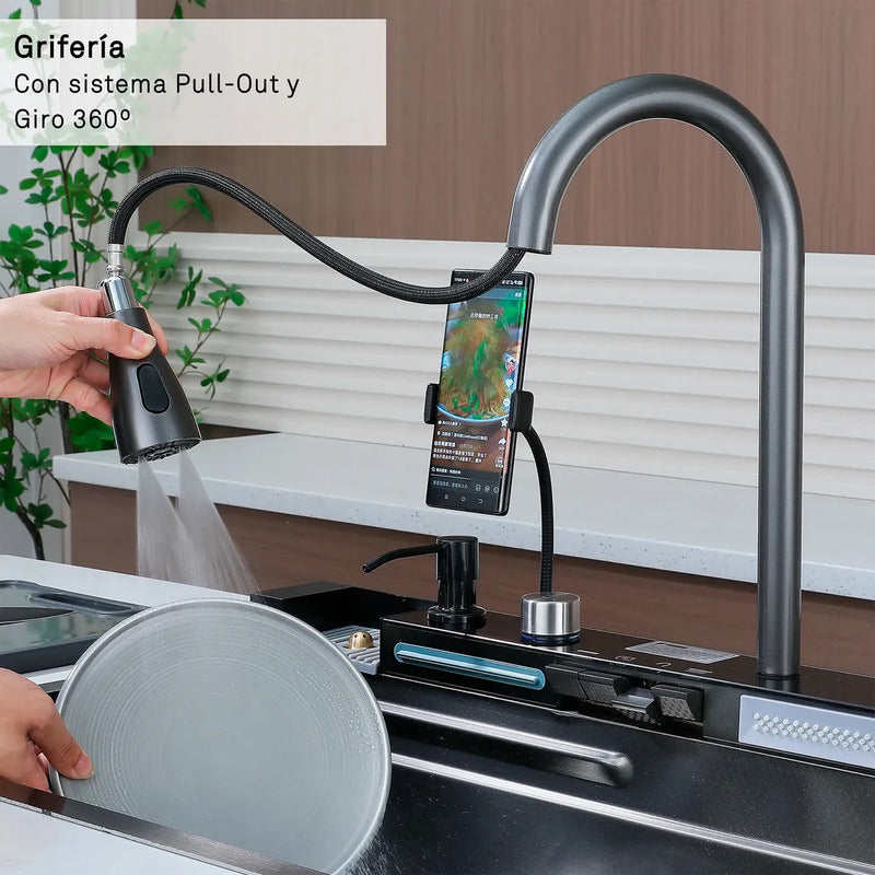 Lavaplatos Gris Grafito Cascada Con Grifo Led Y Accesorios Gris Oscuro