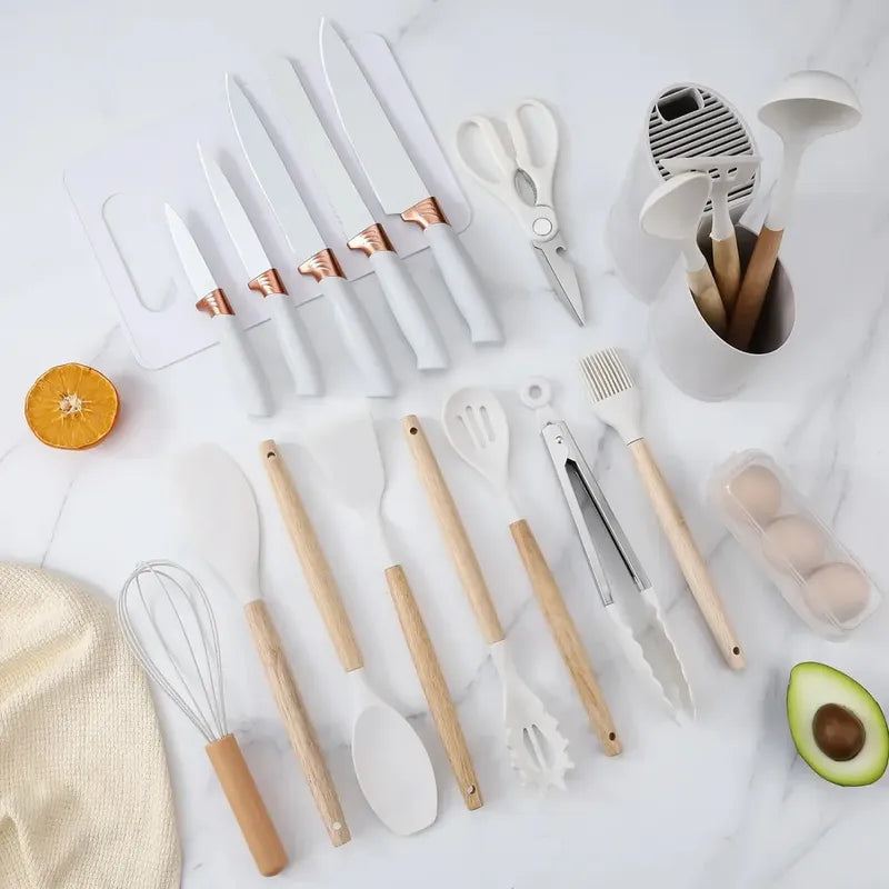Utensilios De Cocina Mango Madera Punta Silicona Set X 19