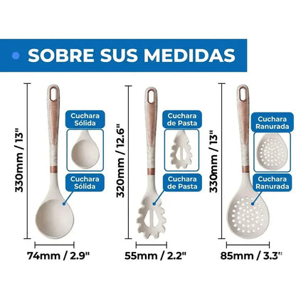 Set De Utensilios De Cocina Figoimport De Silicona Negro Marmoleado Con Soporte, 7 Piezas