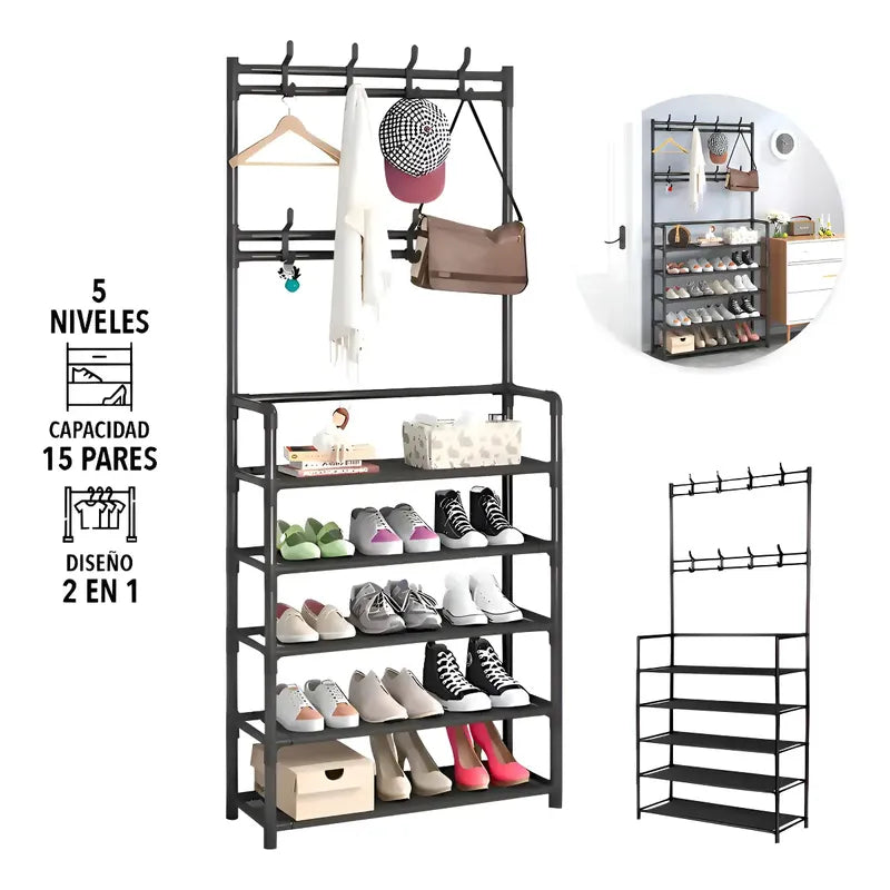 Zapatero De 5 Niveles Perchero Acero Metálico Organizador 2 En 1 Zapatera Armable Con 8 Ganchos Almacenamiento Para Tenis Figo Import Negro