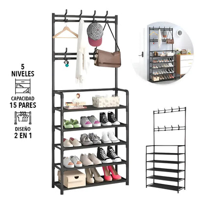 Zapatero De 5 Niveles Perchero Acero Metálico Organizador 2 En 1 Zapatera Armable Con 8 Ganchos Almacenamiento Para Tenis Figo Import Negro