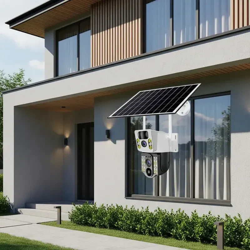 Camara De Seguridad Ptz Solar Wifi V380 Exterior Inalambrica Doble Lente Resolucion Hd Con Intercomunicador De Voz... Blanco