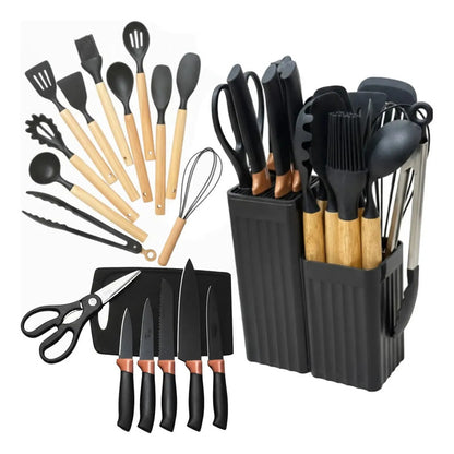 Utensilios De Cocina Mango Madera Punta Silicona Set X 19