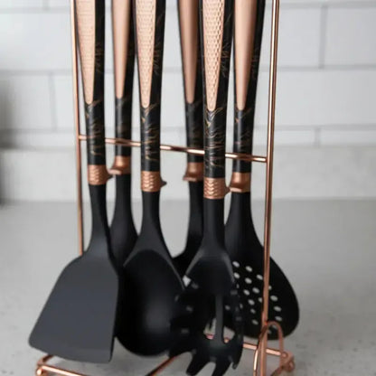 Set De Utensilios De Cocina Figoimport De Silicona Negro Marmoleado Con Soporte, 7 Piezas