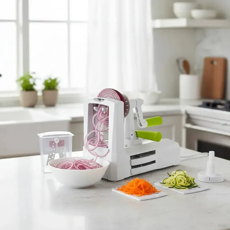 Cortador Espiralizador De Verduras Con 5 Cuchillas Y Contenedor  Figostore Blanco
