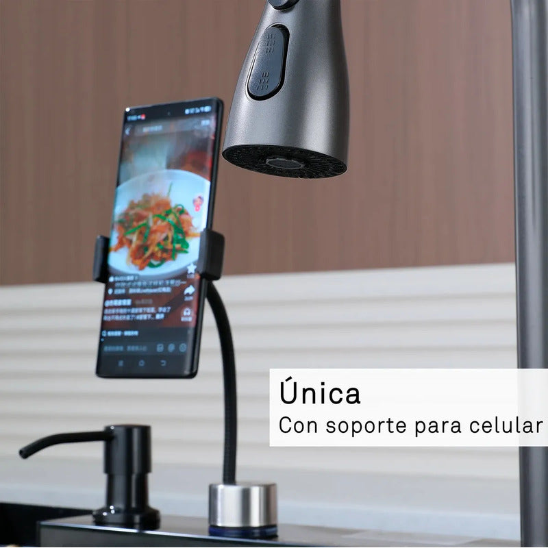 Lavaplatos Gris Grafito Cascada Con Grifo Led Y Accesorios Gris Oscuro
