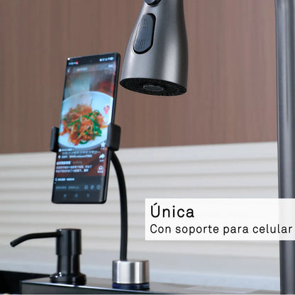 Lavaplatos Gris Grafito Cascada Con Grifo Led Y Accesorios Gris Oscuro
