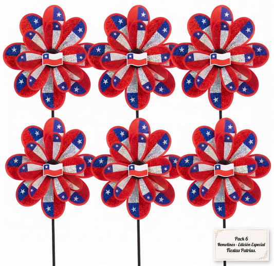 Pack 6 Remolinos Bandera de Chile  23x43 cm  Tornasol Molinillo de Viento Fiestas Patrias