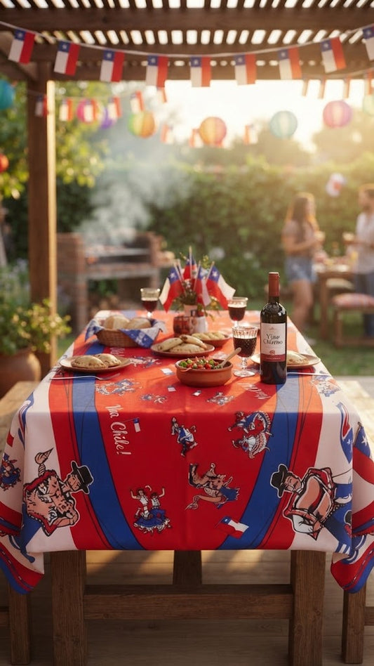 PACK 2 Mantel Dieciochero Fiestas Patrias Cueca Viva Chile 100x210 cm Tela Poliester Mesa Comedor Fond