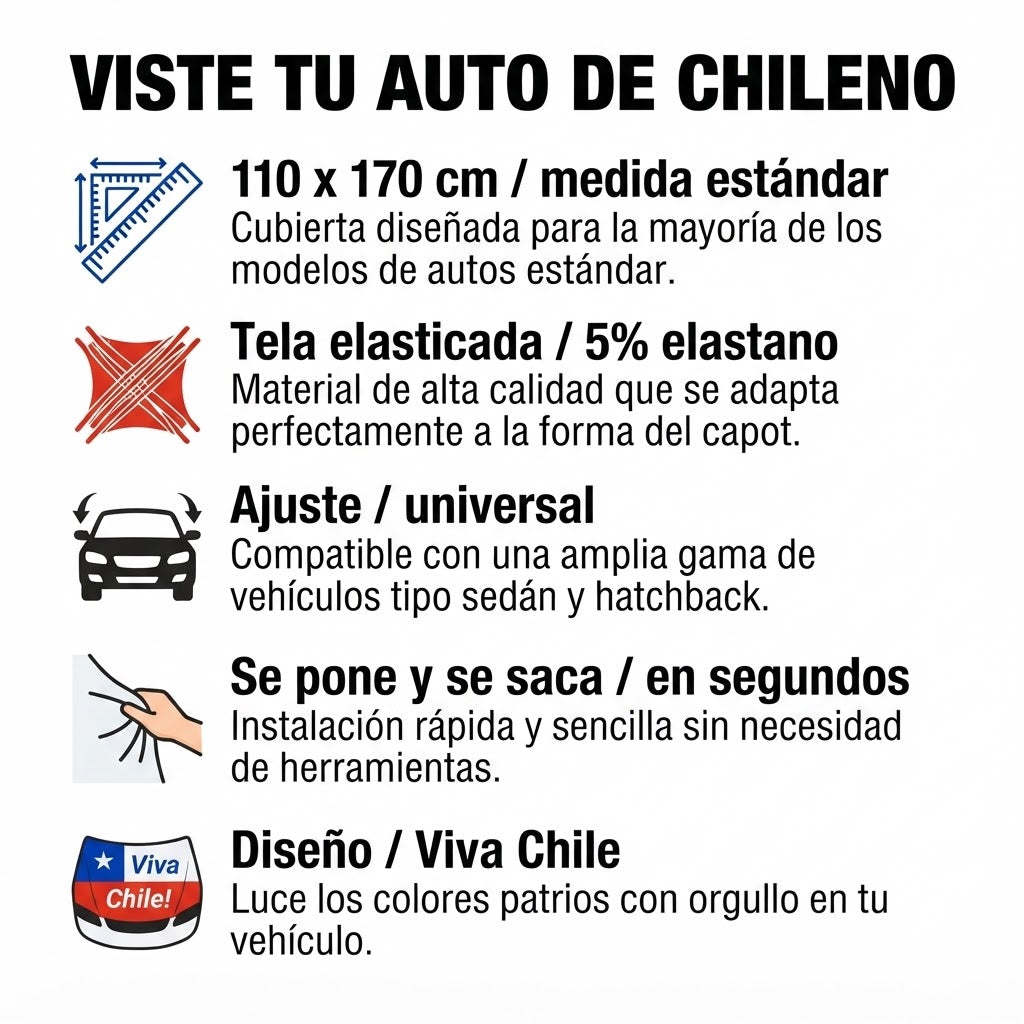 Cubre Capot Auto Bandera de Chile 110x170 cm Elasticado Ajuste Universal Fiestas Patrias Dieciocho