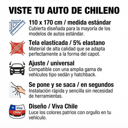 Cubre Capot Auto Bandera de Chile 110x170 cm Elasticado Ajuste Universal Fiestas Patrias Dieciocho