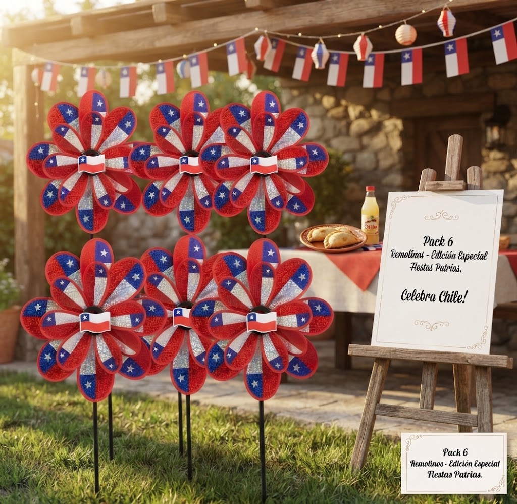 Pack 6 Remolinos Bandera de Chile  23x43 cm  Tornasol Molinillo de Viento Fiestas Patrias