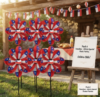 Pack 6 Remolinos Bandera de Chile  23x43 cm  Tornasol Molinillo de Viento Fiestas Patrias